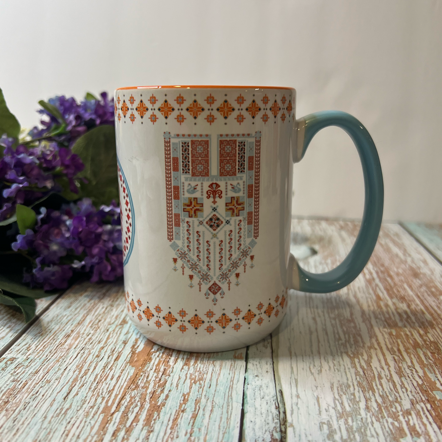 Palestinian Embroidery "Tatreez" Print Mug Blue and Melon 15 oz