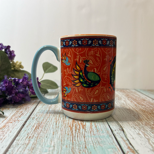 Pakistani Truck Art Mug Peacock Design Rust 15 oz