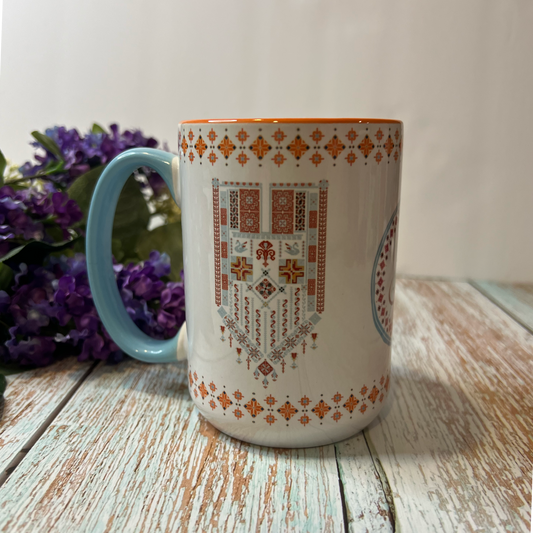 Palestinian Embroidery "Tatreez" Print Mug Blue and Melon 15 oz