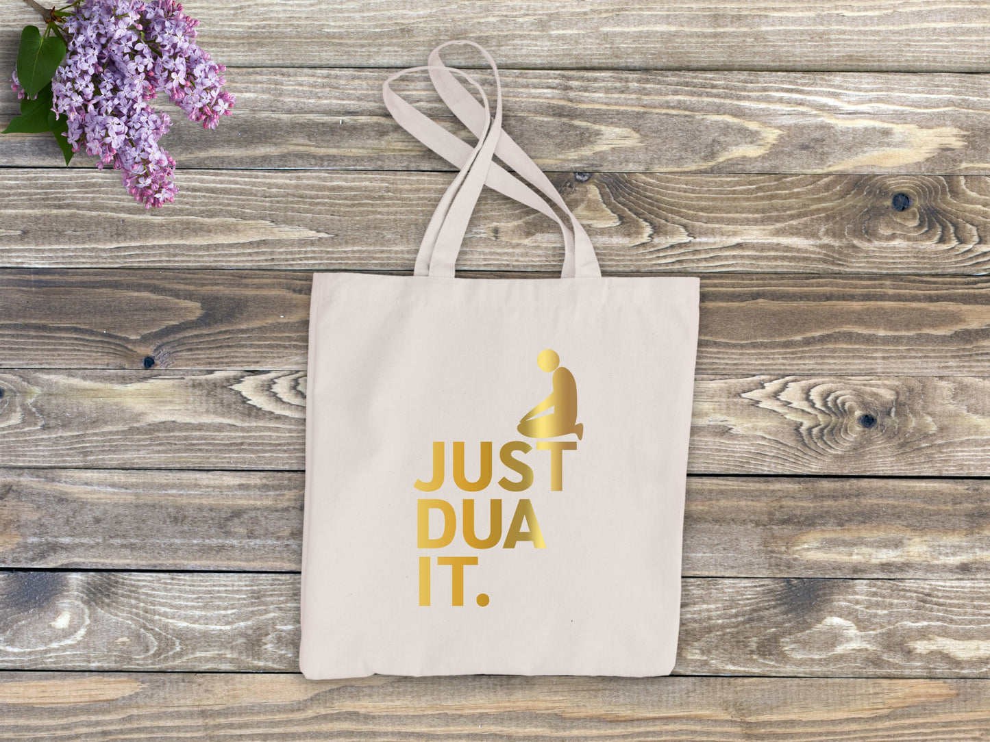 Just Dua It Reusable Tote 100% Cotton Bag for Muslims Gold on Beige